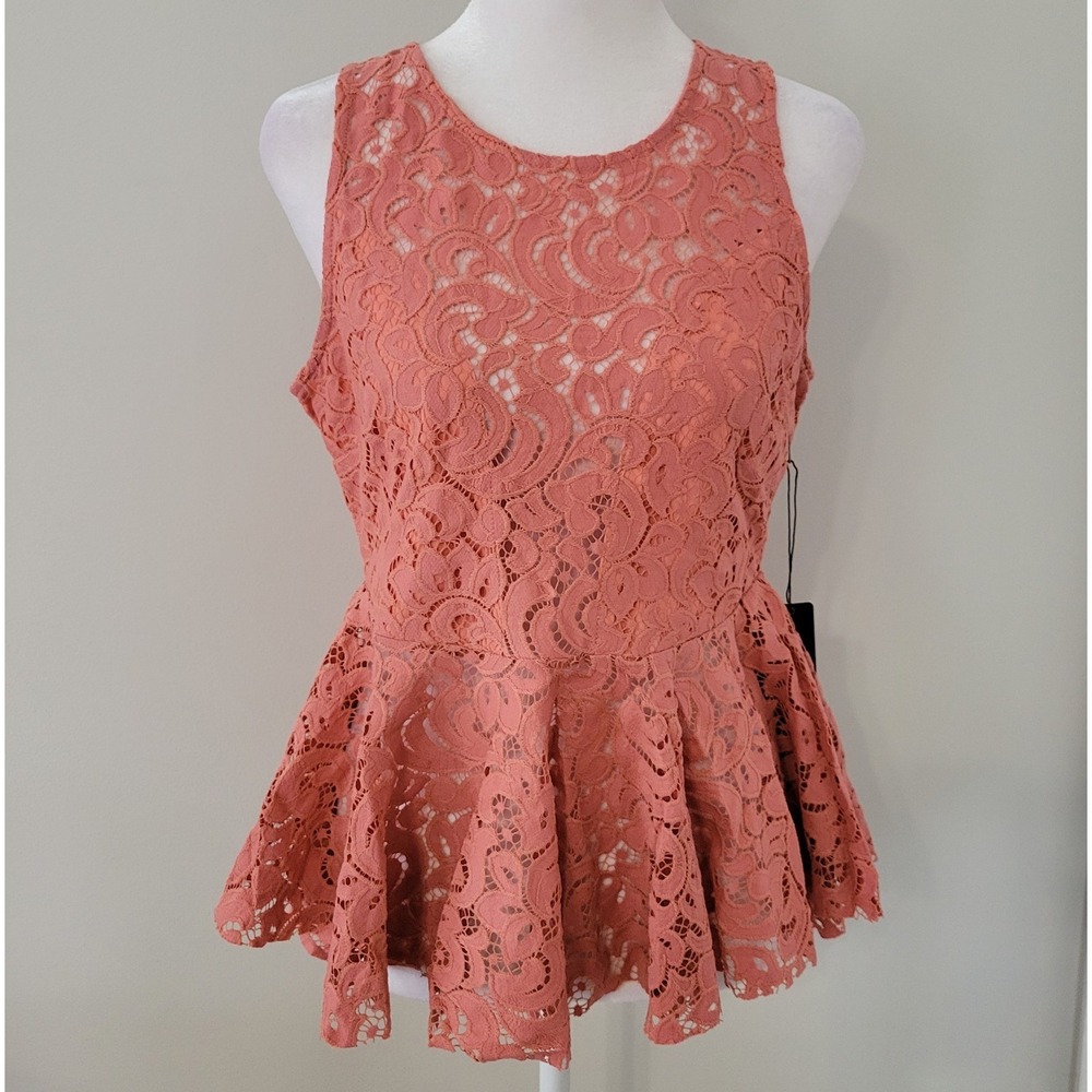 Haute Monde Womens Lacey Top LARGE Fairy Coquette Boho Sheer Peplum Summer Coral